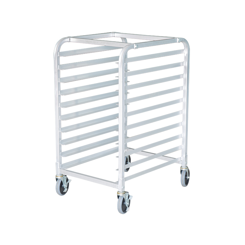 Rak wajan aluminium aluminium berkualitas tinggi 10-tier dengan roda putar berkualitas, racking toko roti kelas restoran untuk lembar penuh dan setengah lembar